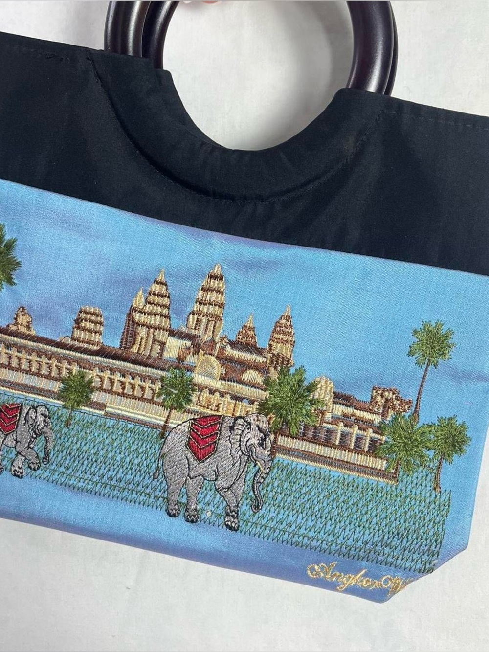 Silk Angkor Wat Embroidered Elephant Canvas Small Tote Bag